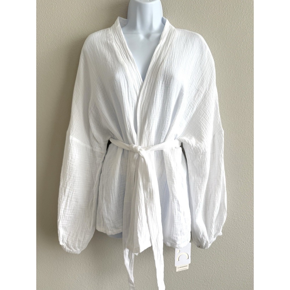 Commense White Gauzy Cotton Top Womens Large Beach Coverup Coastal Kimono Belt